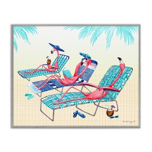 Stupell Industries Pink Flamingos Lounging Beach Chairs Tropical Scene Black Framed Giclee Art - 1 of 4