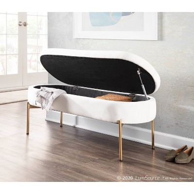 48" Chloe White Velvet Upholstered Storage Bench with Gold Base