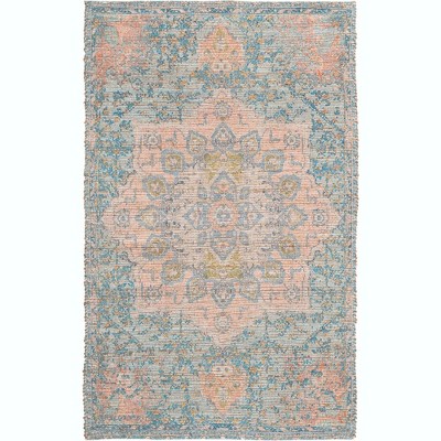 Handwoven Blue and Peach Cotton Synthetic Rectangular Area Rug