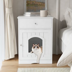 Wooden Cat Litter Box Enclosure With Drawer,Multi-Functional Cat House Nightstand And Side Table,Indoor Pet Crate (White)–LAOTIES - 1 of 4