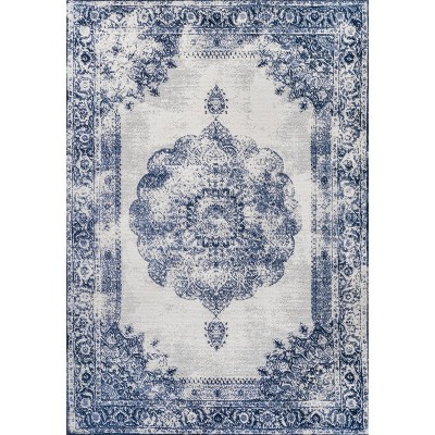 Handmade Rectangular Dark Blue/Ivory Synthetic Area Rug