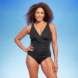 Women's UPF 50 V-Neck Ruched One Piece Swimsuit - Shape + Style™ by Aqua Green® Black
