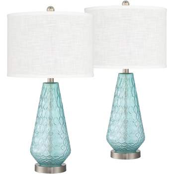 360 Lighting Dylan Modern Coastal Table Lamps 27 1/2" Tall Set of 2 Blue Textured Diamond Glass Pure White Fabric Drum Shade for Bedroom Living Room