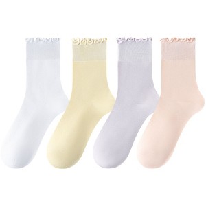Anna-Kaci 4 Pairs Women's Ruffle Edge Crew Socks Soft Stretch Cotton Blend with High Elastic Cuffs in Assorted Solid Colors - 1 of 4