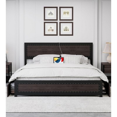 coucheta Bed Frame with Headboard & Charge Station, Platform Bed Frame with 4 Storage Drawers, No Box Spring Needed, Noise Free, Easy Assembly