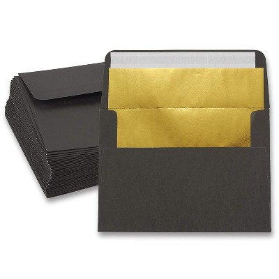 50-Pack A7 Invitation Envelopes, Gold Foiled Lined for 5x7 Cards, Weddings, Graduations, Birthday, Black