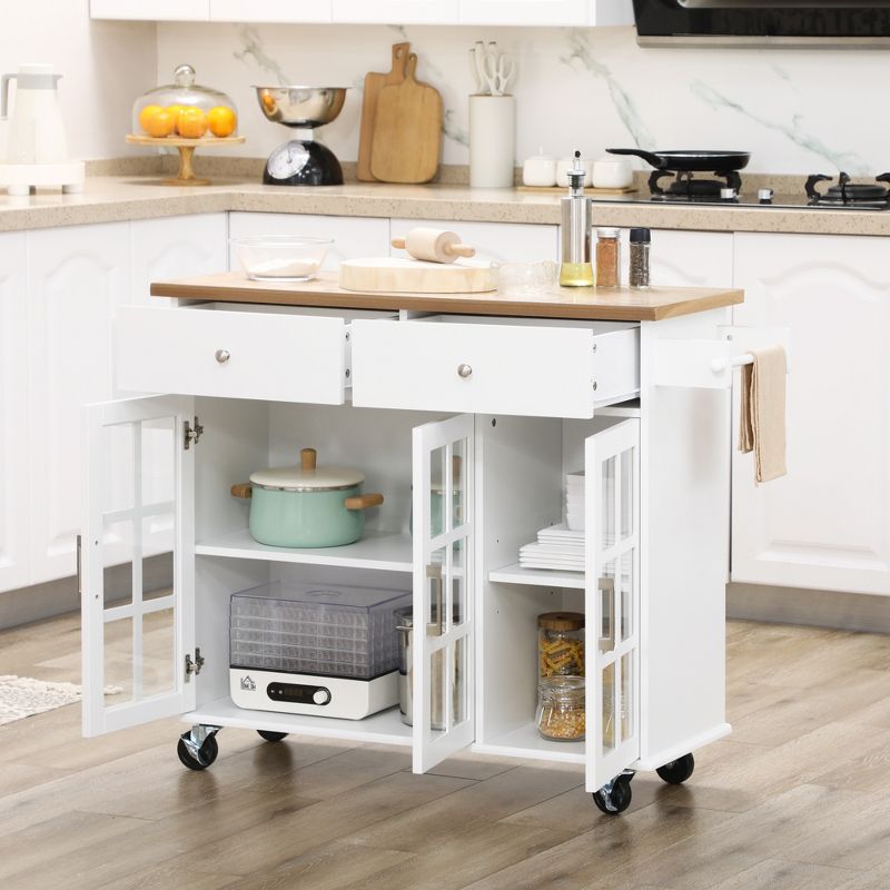 HOMCOM Rolling Kitchen Island with Storage, Utility Kitchen Cart with 2 Drawers, 2 Cupboards, Towel Rack and Spice Rack for Dining Room, White, 2 of 7