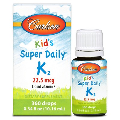 Carlson - Kid's Super Daily K2, 22.5 mcg, Liquid Vitamin K2 as MK7, Vegetarian, Unflavored, 360 Drops