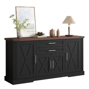 TiramisuBest 63" Farmhouse Barn Door Storage Cabinet with 2 Drawers & Adjustable Shelves, Large Buffet Table for Kitchen, Living, Entryway, Black - 1 of 4