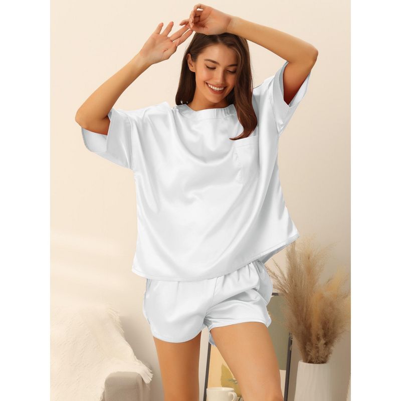 cheibear Women's Soft Satin Short Sleeve T-Shirt and Shorts with Pockets Pajama Sets 2 Pcs, 2 of 6
