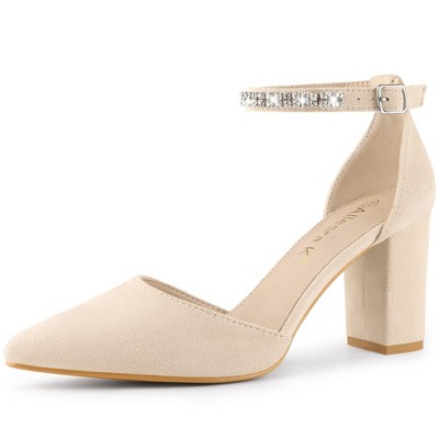 Allegra K Women's Pointed Toe Rhinestone Ankle Strap Chunky Heels Pumps