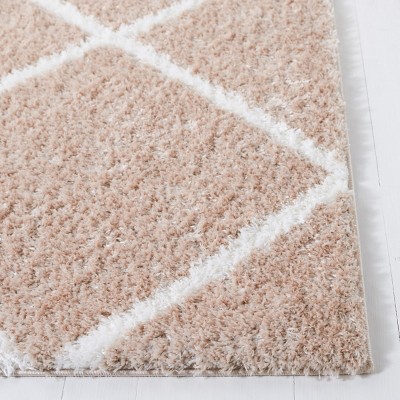 Beige and White Geometric Shag Runner Rug 2' x 9'