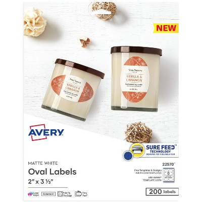 Avery Printable Blank Oval Labels, 2" x 3-1/3", Matte White, 200 Customizable Labels (22570)