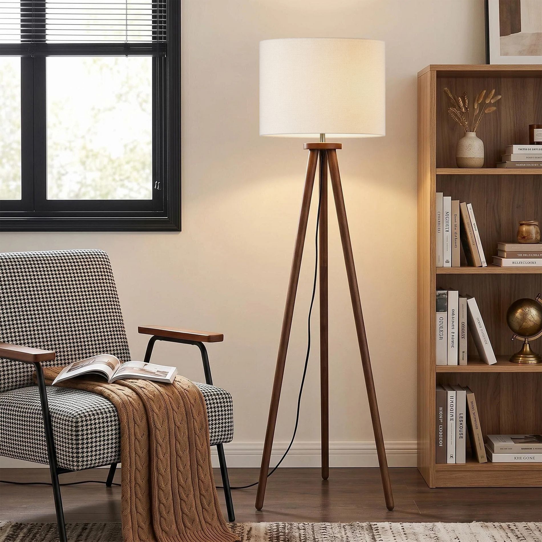 60.5" Natural Wood Tripod Floor Lamp, Nordic Style with White Linen Shade for Bedroom, Living Room, Study, Reading Room & Office