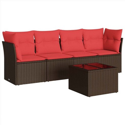vidaXL 5 Piece Patio Sofa Set with Cushions Brown and Red Poly Rattan - With Table