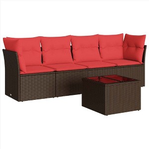 vidaXL 5 Piece Patio Sofa Set with Cushions Brown and Red Poly Rattan - With Table - 1 of 4