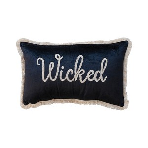Storied Home Cotton Velvet Lumbar Pillow w/ Embroidery & Fringe "Wicked", Black & Cream Color - 1 of 1