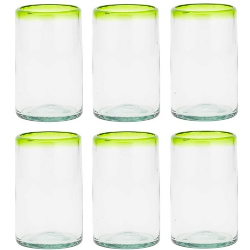 Amici Home Baja Authentic Mexican Handmade Hiball Glasses, Set of 6,  16-Ounce, Vibrant Color Rim, Set of 6,Aqua Rim