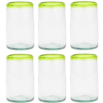 Amici Home Baja Authentic Mexican Handmade Hiball Glasses, Set of 6, 16-Ounce, Vibrant Color Rim, Set of 6