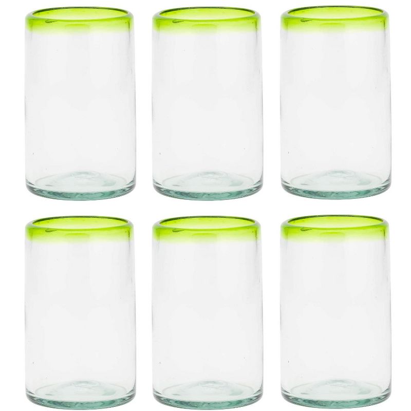 Amici Home Baja Authentic Mexican Handmade Hiball Glasses, Set of 6, 16-Ounce, Vibrant Color Rim, Set of 6, 1 of 6