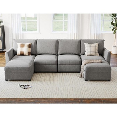 Garvee 6 Seat Convertible U Shaped Sofa with Large Reversible Chaise, Linen Fabric Modular Sofa Sectional Couches with 2 Ottomans for Living Room