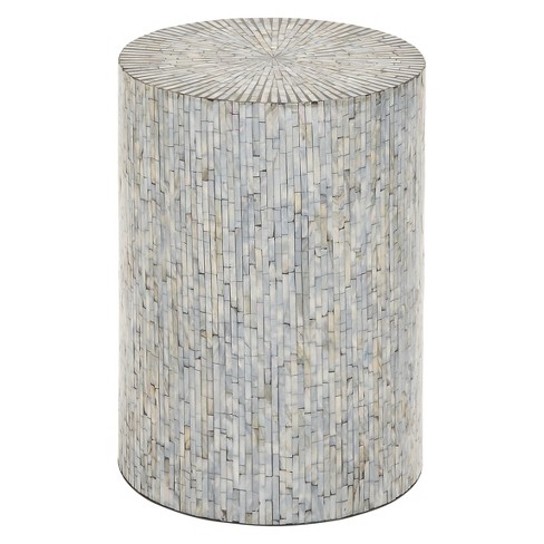 Wood And Shell Tile Round Stool Accent Table Silver - Olivia & May