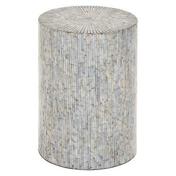 Wood and Shell Tile Round Stool Accent Table Silver - Olivia & May