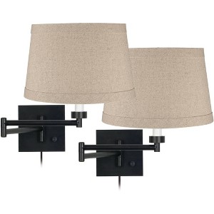 Franklin Iron Works Modern Swing Arm Wall Lamps Set of 2 Espresso Bronze Plug-In Light Fixture Natural Linen Drum Bedroom Bedside - 1 of 3
