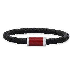 Steeltime Men's black braided leather bracelet with stainless steel and red carbon fiber magnetic clasp - 1 of 4