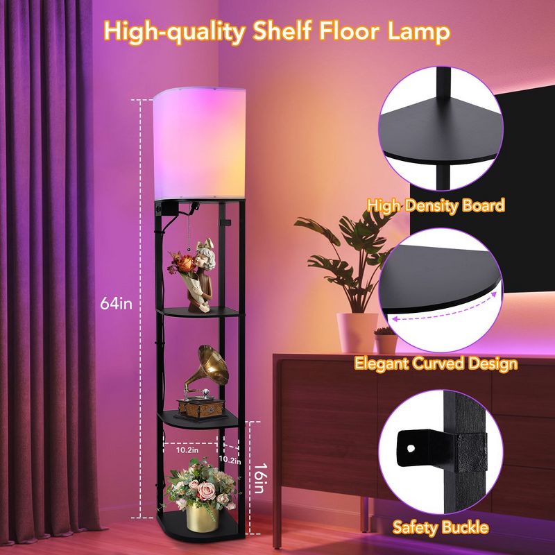 Whizmax Smart RGB Shelf Floor Lamp with 2 USB Ports&1 Power Outlet, Modern Display, RGB Bulb,Standing Lamp for Living Room, Bedroom and Office, Black, 5 of 7