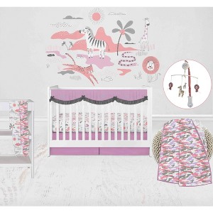 Bacati - Jungle Safari Girls Lilac/Coral Muslin 8 pc Crib Bedding Set with 2 Swaddling Blankets - 1 of 4