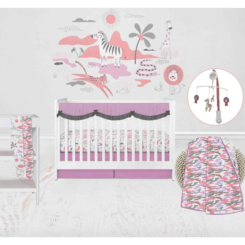 Bacati - Jungle Safari Girls Lilac/Coral Muslin 8 pc Crib Bedding Set with 2 Swaddling Blankets, 1 of 12