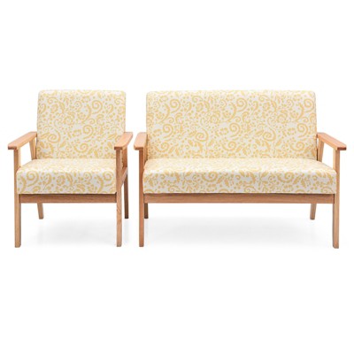 Tangkula 2 Piece Loveseat and Single Sofa Set Fabric Upholstered Couch & Accent Armchair White+Blue/Blue/Yellow Floral