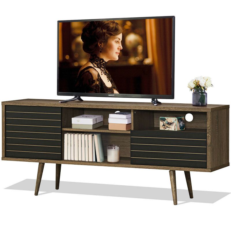 Costway Modern TV Stand/Console Cabinet 3 Shelves Storage Drawer Splayed Leg Wood/Black, 1 of 11