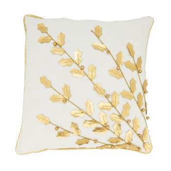 Saro Lifestyle Metallic Poinsettia Branch Design Winter Christmas Holiday Cotton Poly Filled Throw Pillow