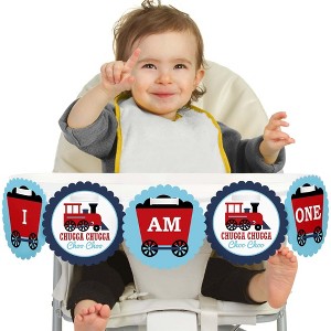 Big Dot of Happiness Railroad Party Crossing 1st Birthday Highchair Decor - I Am One - First Birthday Steam Train High Chair Banner - 1 of 4