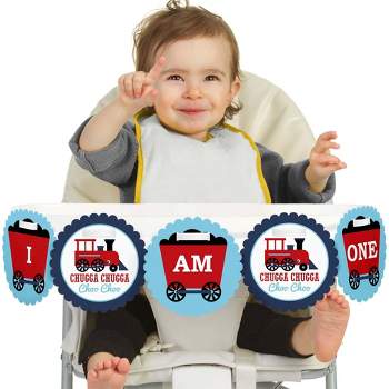 Big Dot of Happiness Railroad Party Crossing 1st Birthday Highchair Decor - I Am One - First Birthday Steam Train High Chair Banner