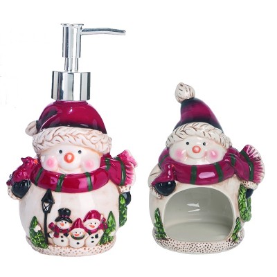 Transpac Dolomite 6 in. White Christmas Snowman Sponge Holder with Soap Dispenser Set of 2