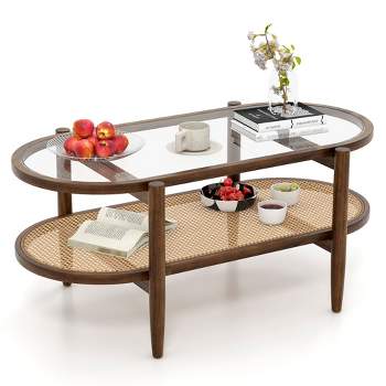 Costway 2-Tier Coffee Table Tempered Glass Top with PE Rattan Shelf & Acacia Wood Frame