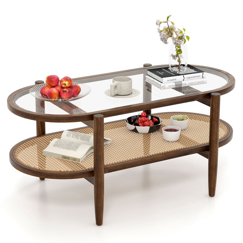 Costway 2-Tier Coffee Table Tempered Glass Top with PE Rattan Shelf & Acacia Wood Frame, 1 of 11