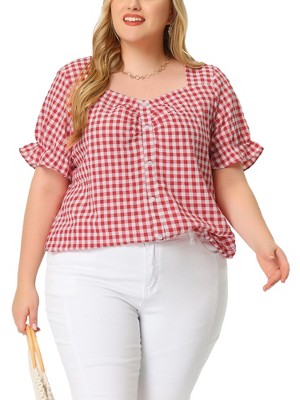 Agnes Orinda Women's Plus Size Gingham 1950s Sweetheart Neck Button Decor Short Sleeve Blouses