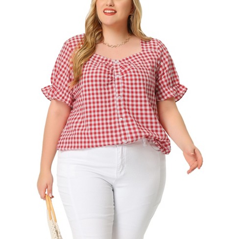 Agnes Orinda Women's Plus Size Gingham 1950s Sweetheart Neck Plaid Blouse  Red 3X
