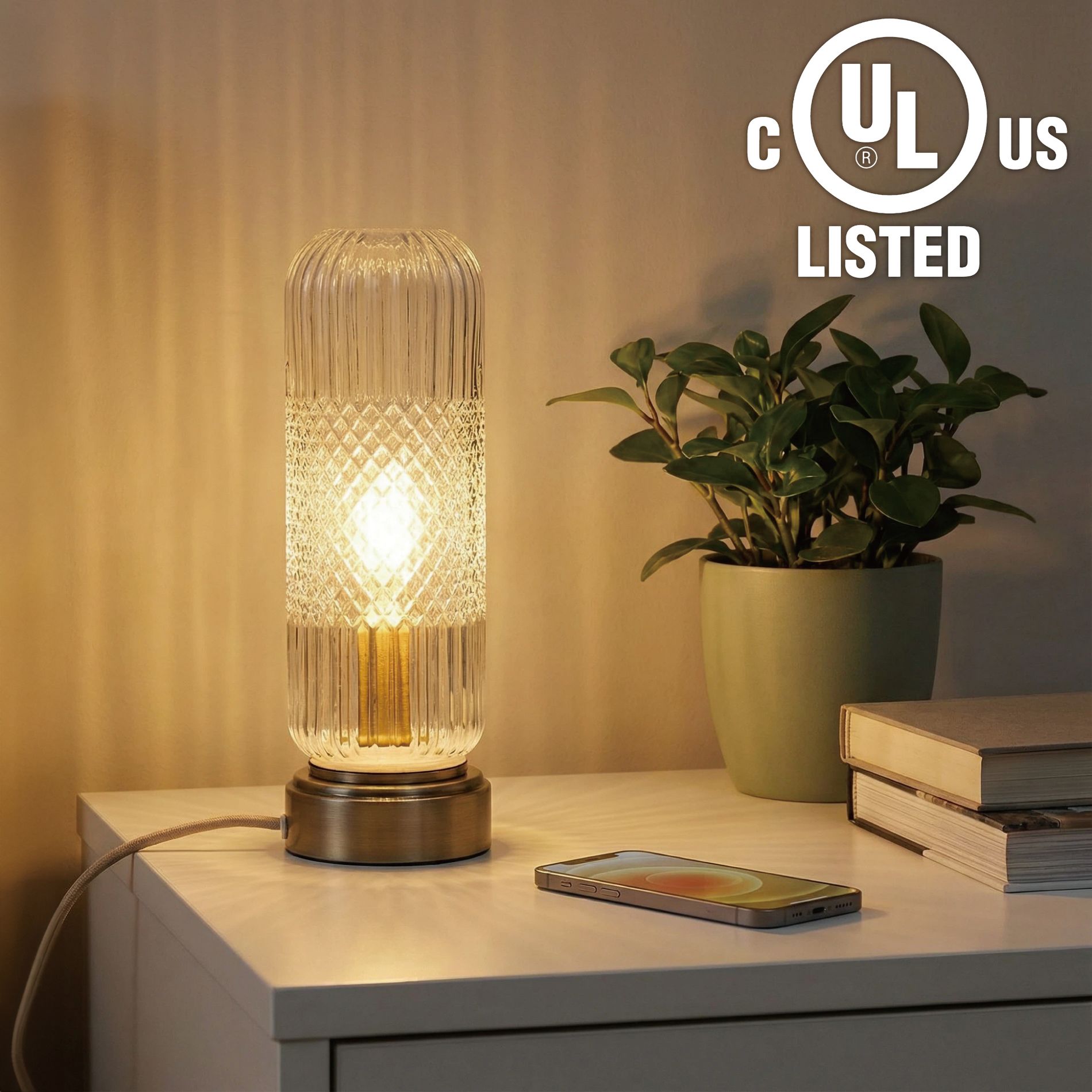 Touch Dimmable Diamond Ribbed Glass Accent Table Lamp with Bronze Base