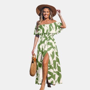 Women's Off-Shoulder Ruffle Smoked Waist Printed Maxi Dress - Cupshe - 1 of 4