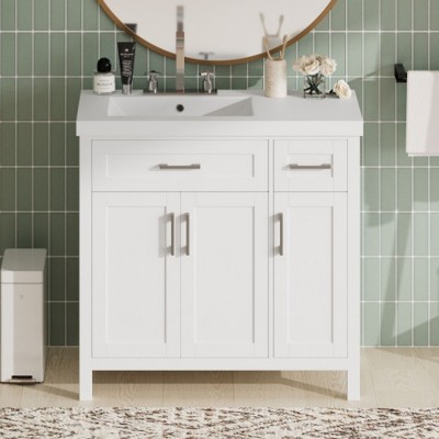 36 inch white bathroom storage cabinet vanity with resin integrated sink