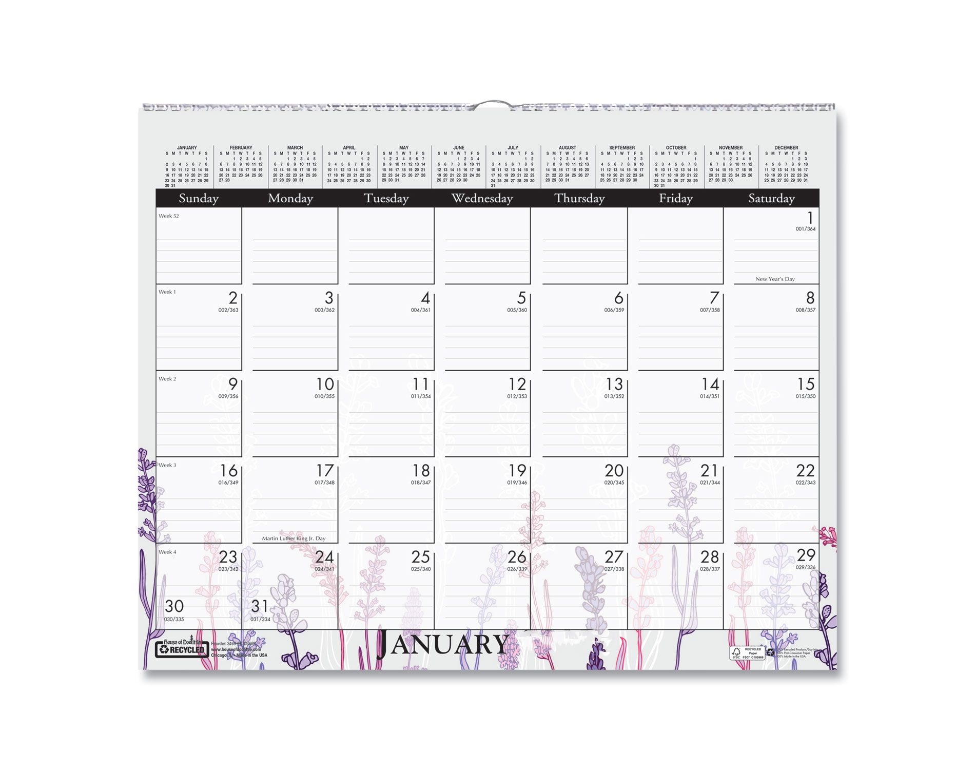 Recycled Wild Flower Wall Calendar, Wild Flowers Artwork, 15 x 12, White/Multicolor Sheets, 12-Month (Jan to Dec): 2026