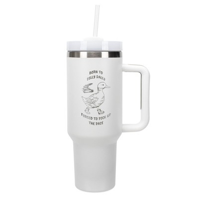 Elanze Designs 40 Ounce Travel Tumbler With Straw and Lid Stainless Steel Double Wall Insulated Born To Dilly Dally White