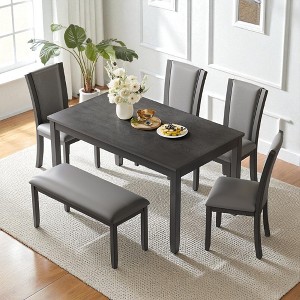 Mshliw 6-Piece Farmhouse Dining Table Set with Bench and 4 Upholstered Chairs, Wooden Dining Set for 6 People for Kitchen and Dining Room - 1 of 4