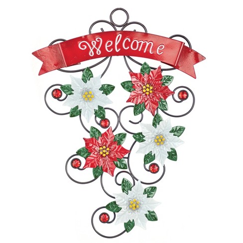 Collections Etc Poinsettia Welcome Metal Holiday Door Decoration