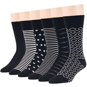 Men Cotton Patterned Dress Sock - 6 Pack - Argyle, Stripe, Dot - Shoe Size 9-12 L - Black, Brown, Navy, Blue | 7BIGSTARS KINGDOM - 1 of 1